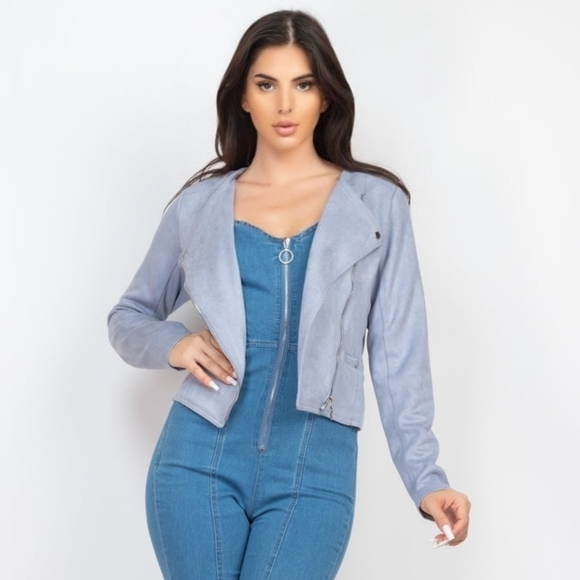 Cropped Moto Suede Jacket - Dust Blue - Picture 4 of 8